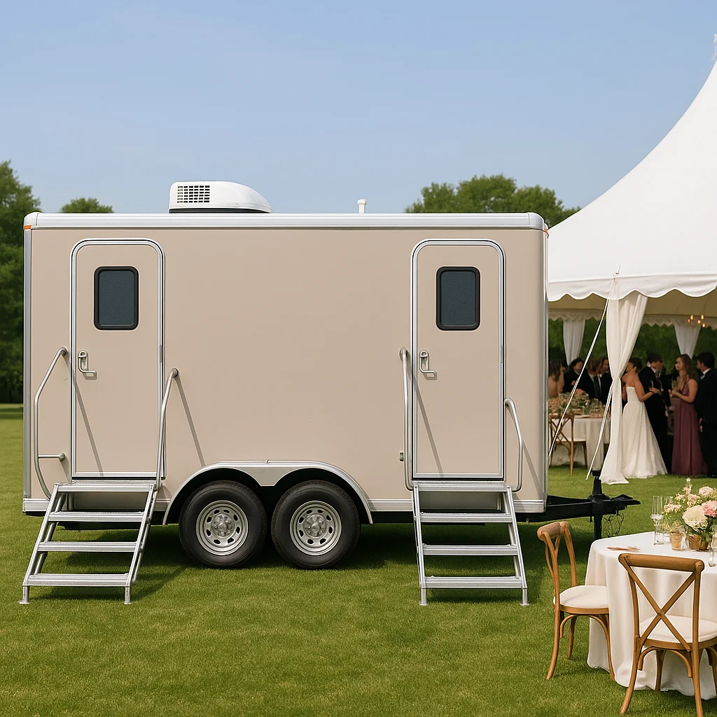 Event Ready Restrooms luxury restroom trailer set up beside an event tent